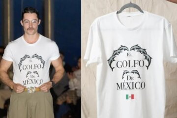 Patricio Campillo con su camisa de El Golfo de México en Nueva York