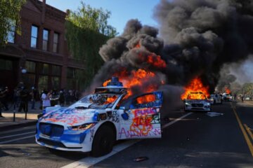 Carro en llamas por protestas en L.A